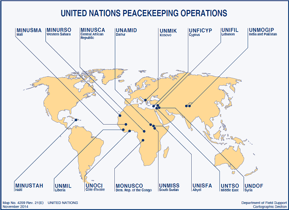 Map showing places where United Nations Peacekeeping operations takes places