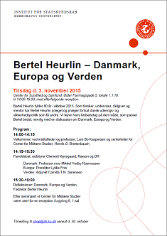Invitation til arrangementet Bertel Heurlin - Danmark, Europa og Verden. Invitationen indeholder bl.a. 
